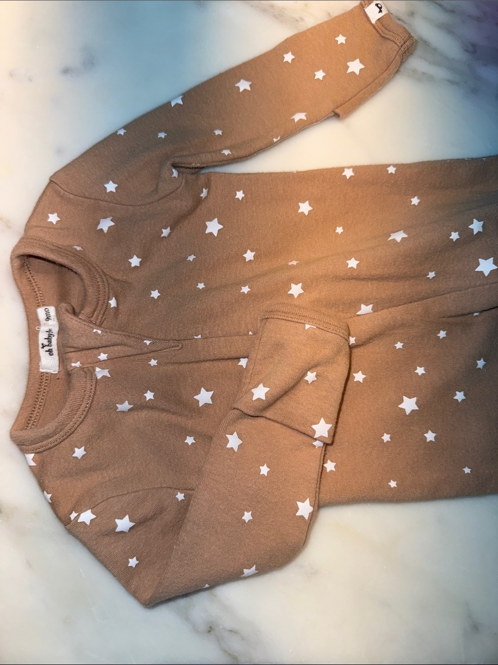 Oh baby! 9m  tan beige brown star Footed Onesie zip sleeper